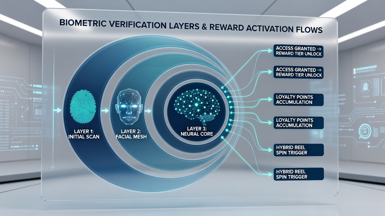 Flowchart of layered biometric checks during reward activation in combined gaming environments
