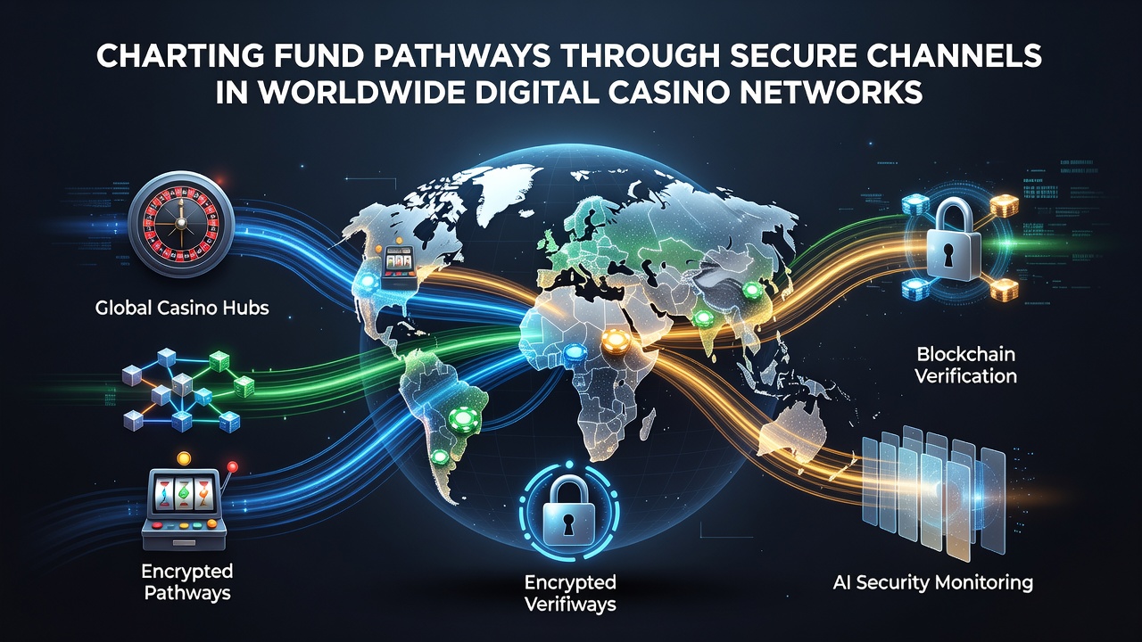 Diagram showing secure channels linking digital wallets, banks, and casino platforms across continents