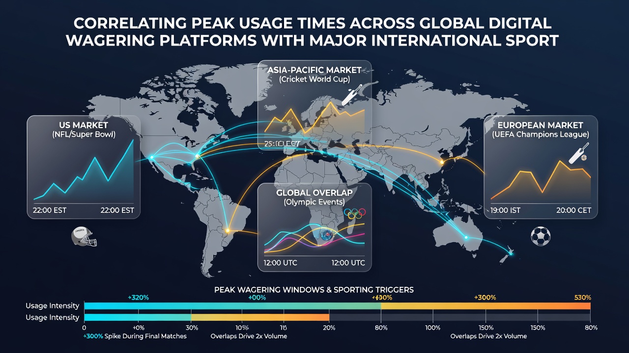 Charts and graphs displaying peak usage times on digital wagering platforms correlated with international sports calendars