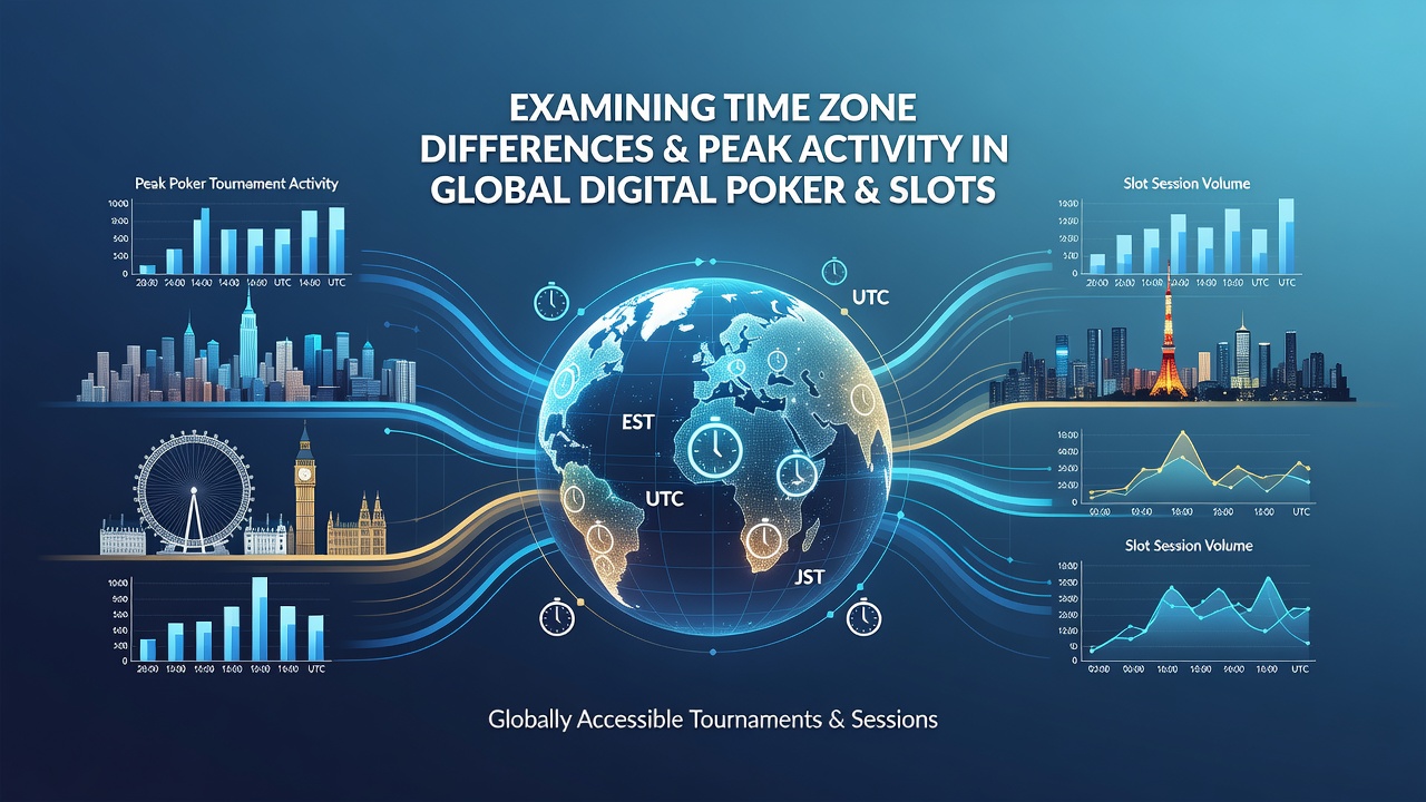 Global map highlighting time zone overlaps during major online poker tournament starts and slot activity surges