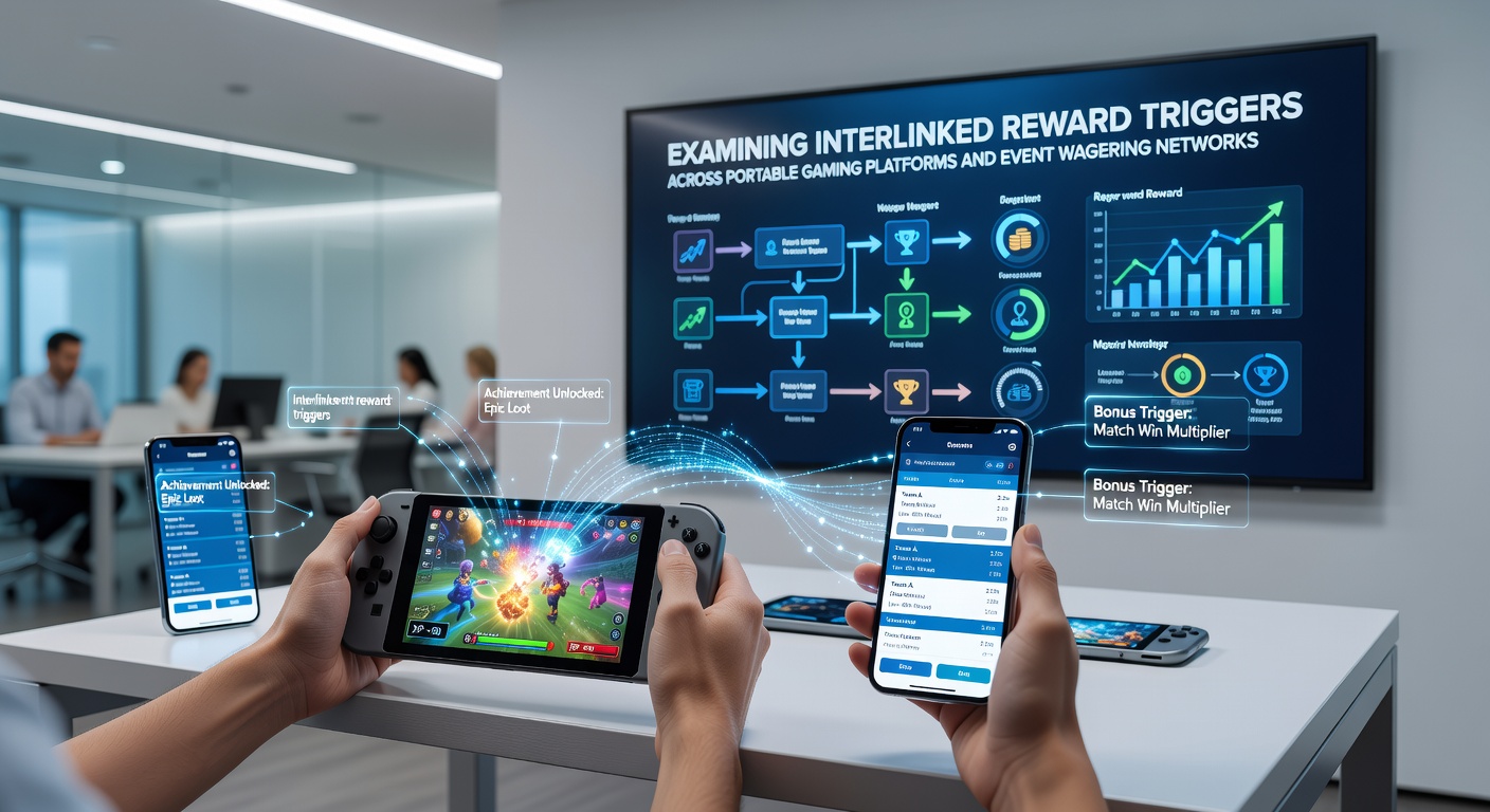 Mobile gaming devices displaying interconnected reward systems and event wagering interfaces