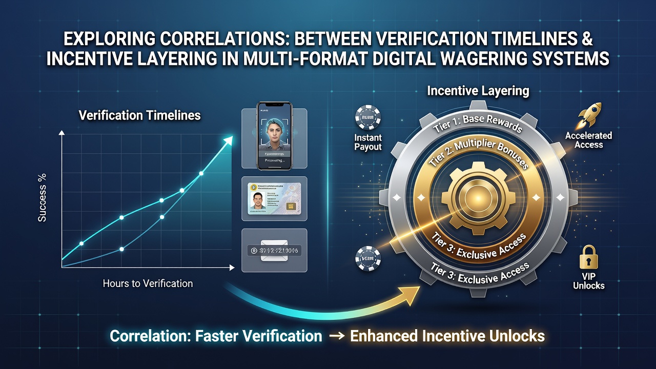 Digital wagering interface showing verification progress alongside layered bonus indicators across slot, poker, and sports betting formats