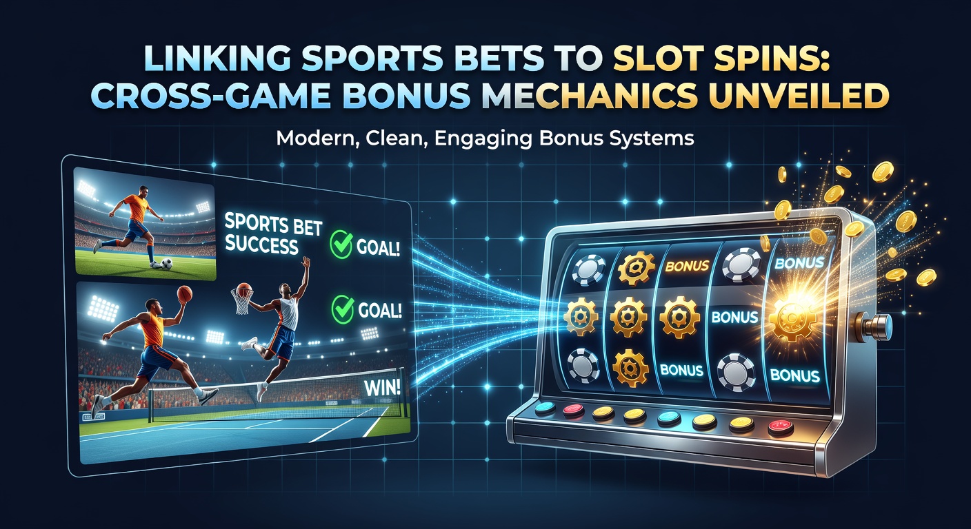 Digital interface showing sports betting slip connected to slot machine reels with bonus icons linking the two games