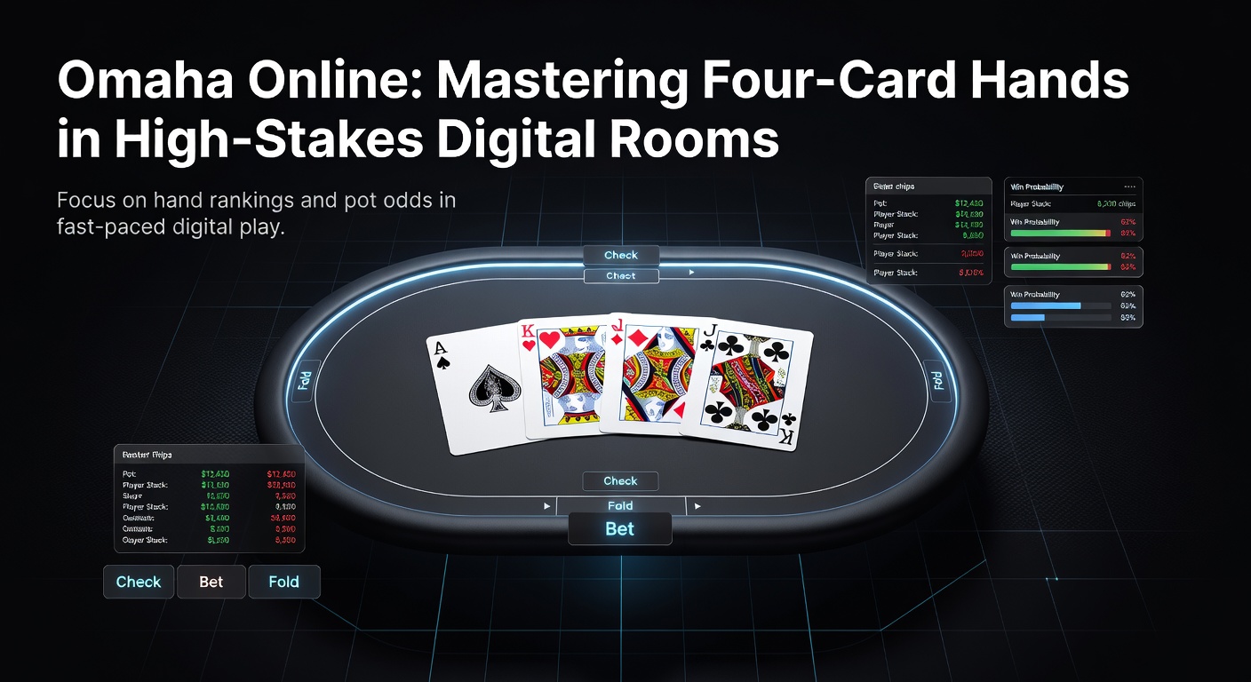 Digital poker table displaying four-card Omaha hands amid high-stakes online action, with chips stacking high and player avatars focused intently