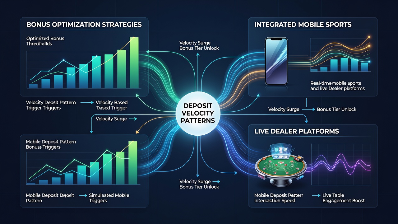 Analytics dashboard showing deposit velocity charts overlaid on integrated sports and live dealer platform interfaces