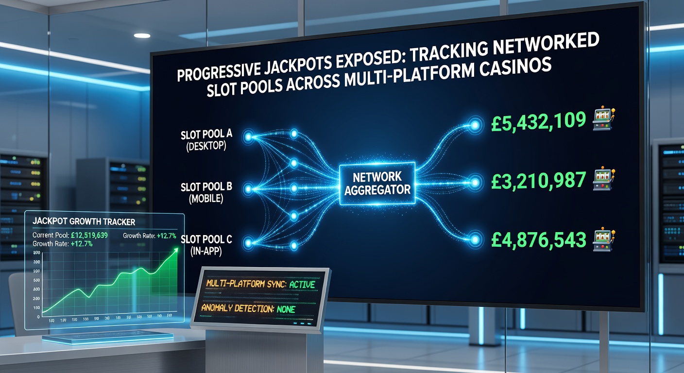 Infographic illustrating interconnected slot networks with jackpot meters rising in sync across various casino brands and devices