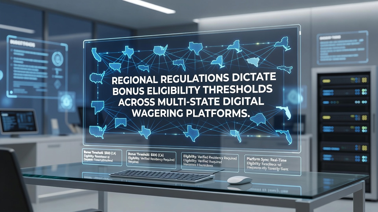 Digital wagering interface showing varied state compliance dashboards for bonus thresholds