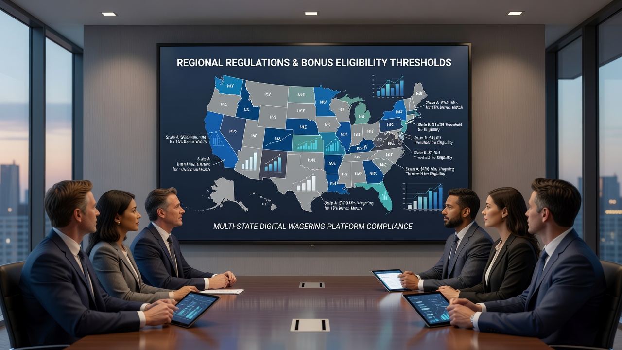 Compliance dashboard displaying multi-state bonus threshold synchronization across digital platforms