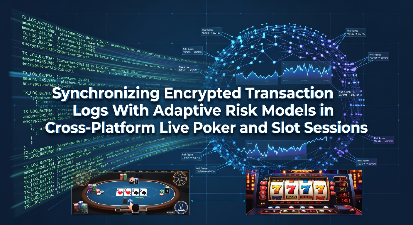 Technical diagram showing encrypted transaction log synchronization across poker and slot platforms with adaptive risk overlays