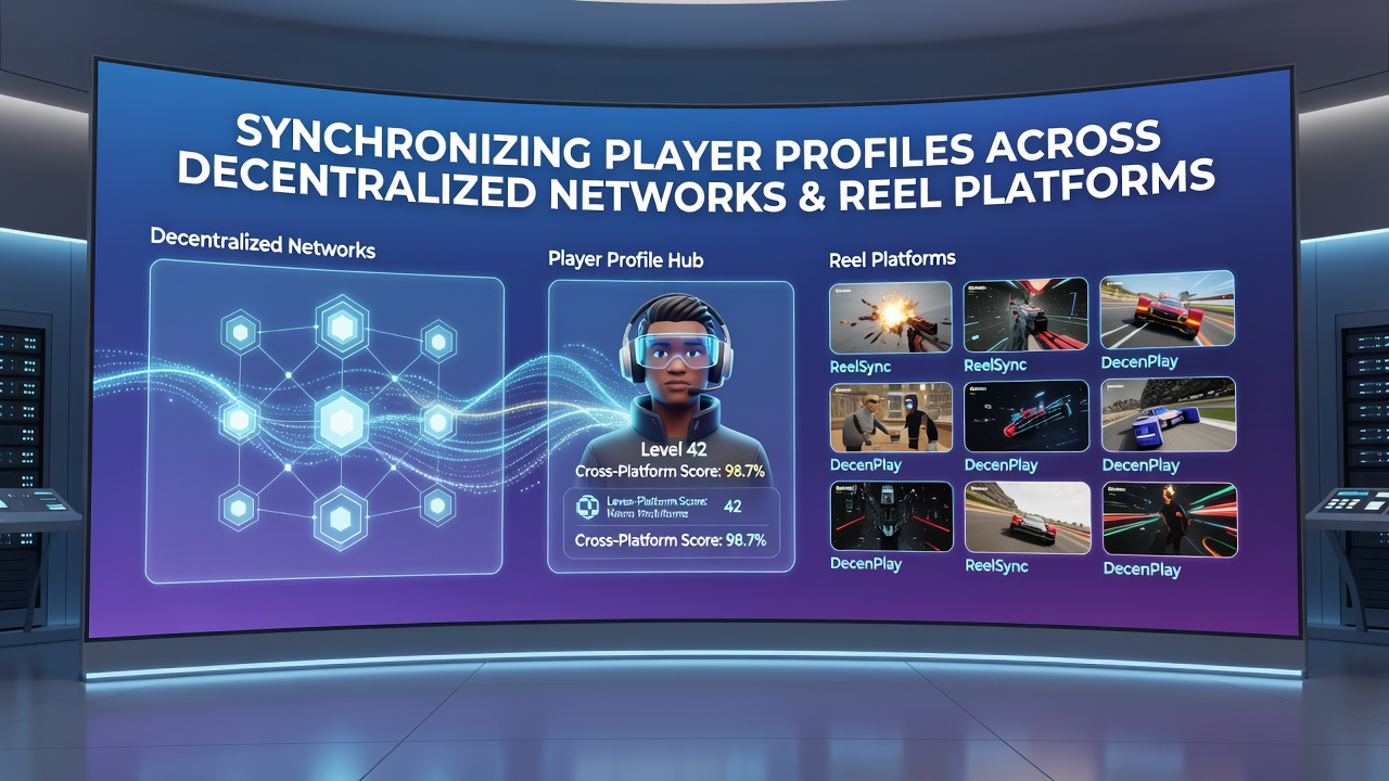 Network visualization showing synchronized player profiles moving between decentralized nodes and reel platforms