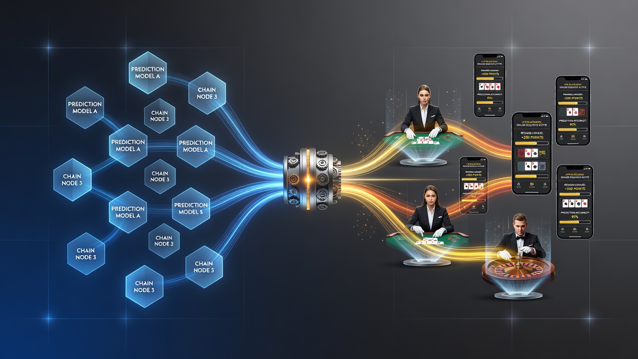 Diagram showing interconnected reward systems linking mobile prediction chains to live dealer sequences in handheld betting platforms